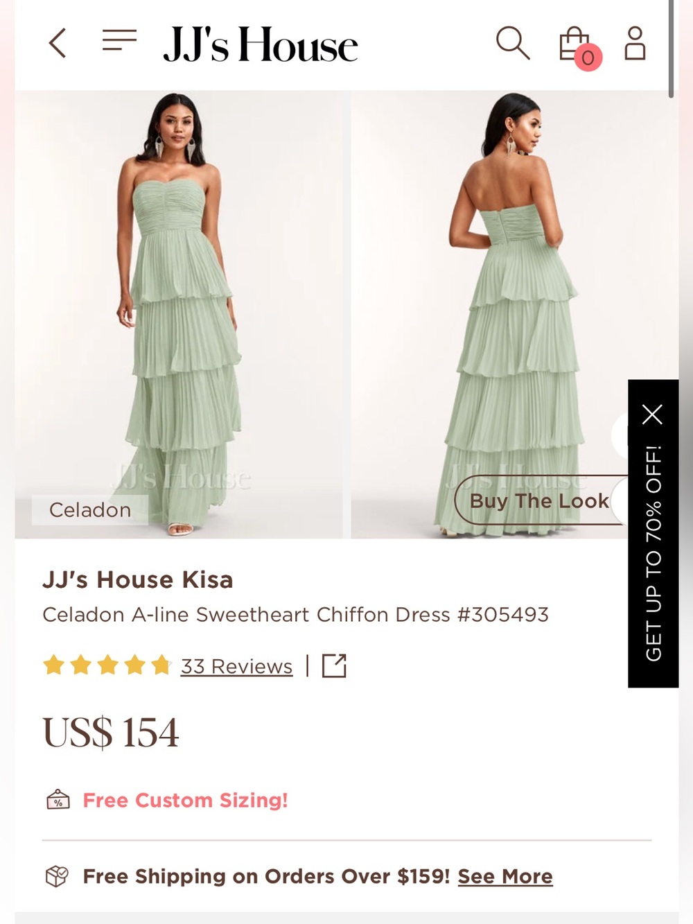 Celadon Strapless Tiered Chiffon Gown